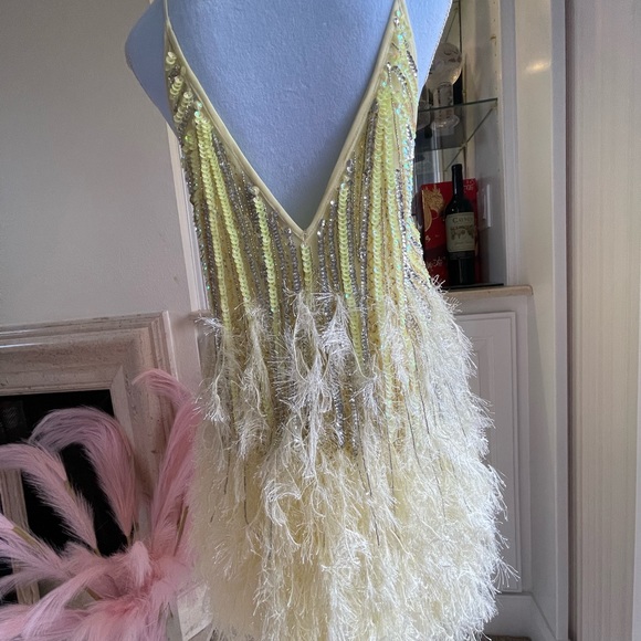 ASOS EDITION sequin cami mini dress with faux feather hem in lemon - Picture 6 of 8